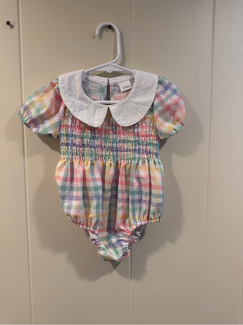 Pastel Plaid Smocked Baby Romper with Peter Pan Collar